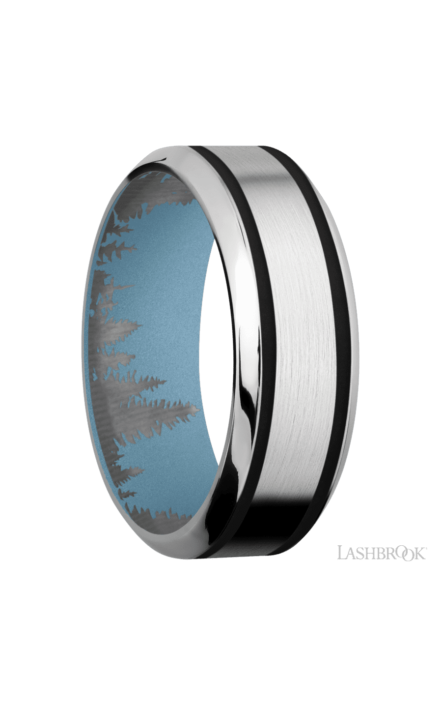8 mm wide/High Bevel/Cobalt Chrome band with two 1 mm Wide inlays of Black also featuring a Polar Blue sleeve.