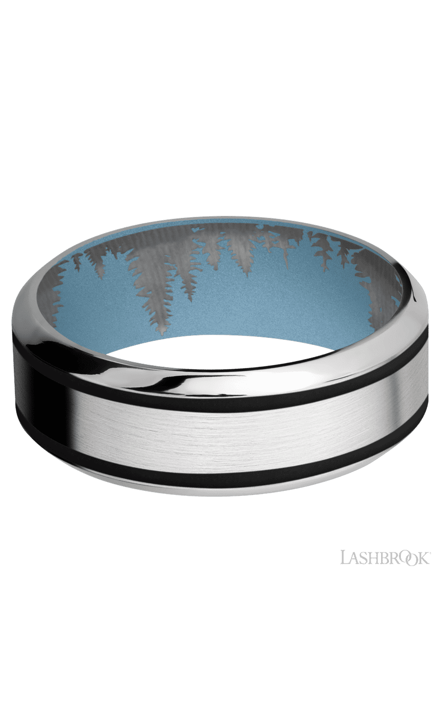 8 mm wide/High Bevel/Cobalt Chrome band with two 1 mm Wide inlays of Black also featuring a Polar Blue sleeve.