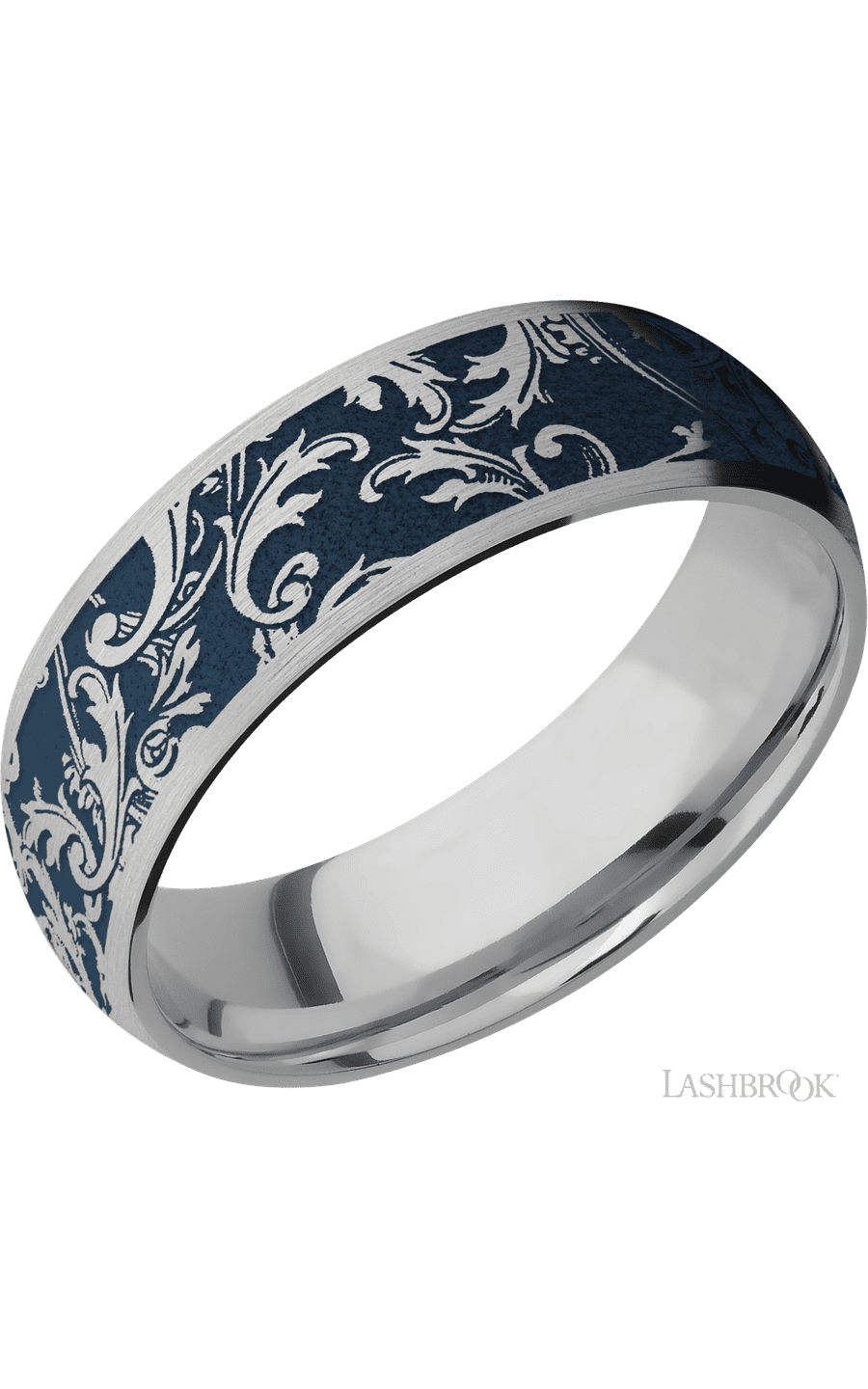 7 mm wide/Domed/Titanium band with a laser carved Black Leaf pattern.