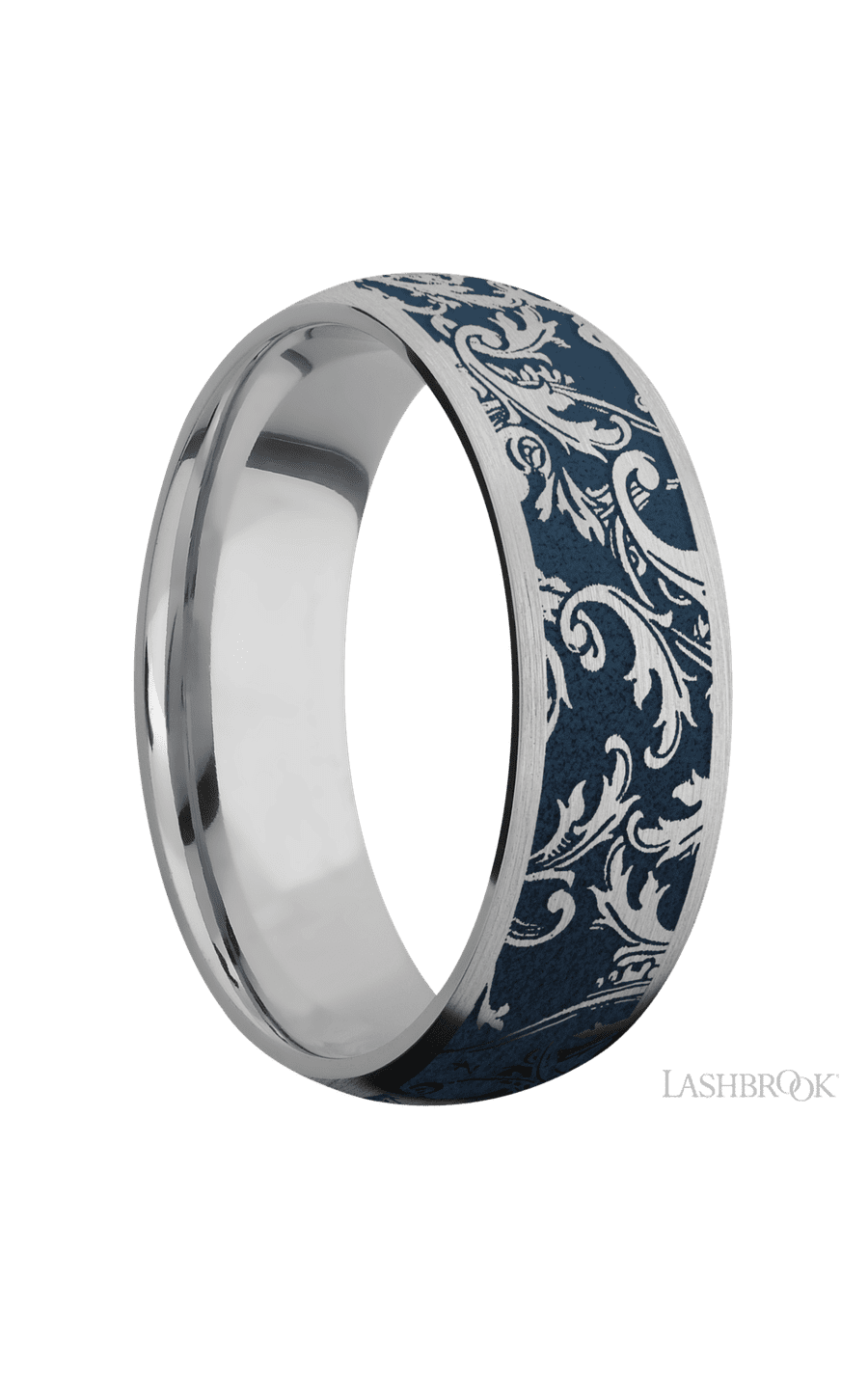 7 mm wide/Domed/Titanium band with a laser carved Black Leaf pattern.