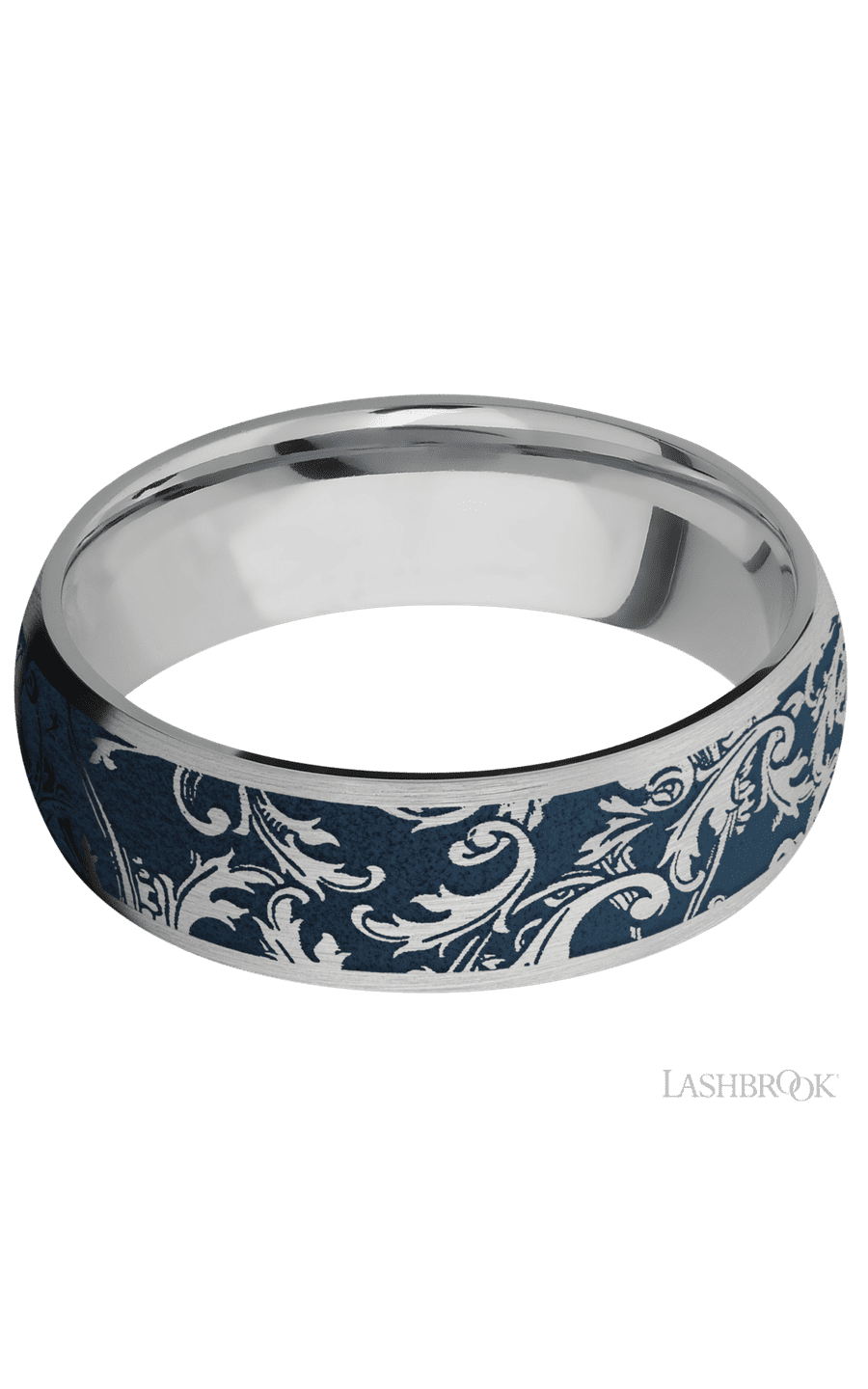 7 mm wide/Domed/Titanium band with a laser carved Black Leaf pattern.