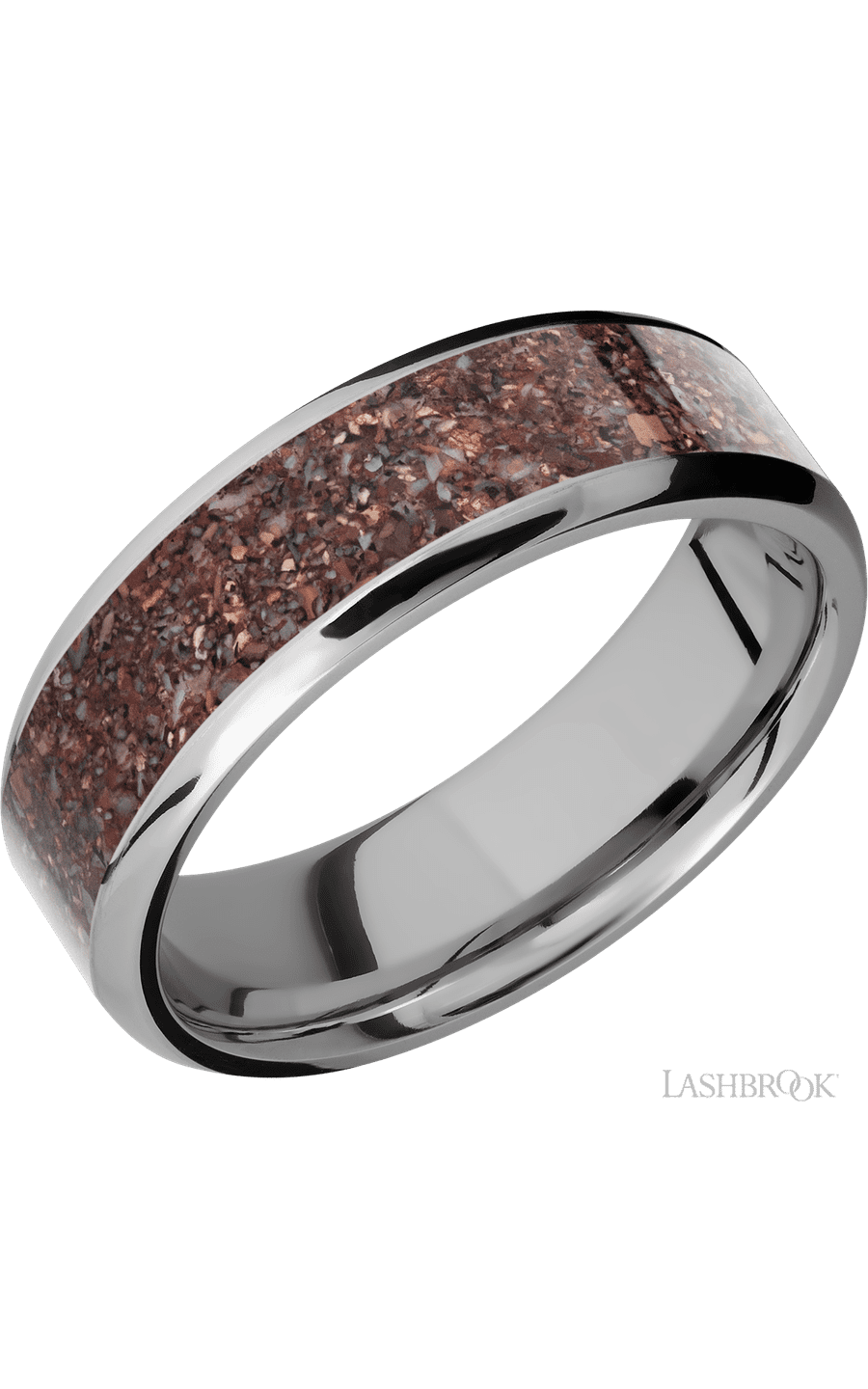 7 mm wide/Beveled/Titanium band with one 5 mm Centered inlay of Dinosaur Bone Mixed.