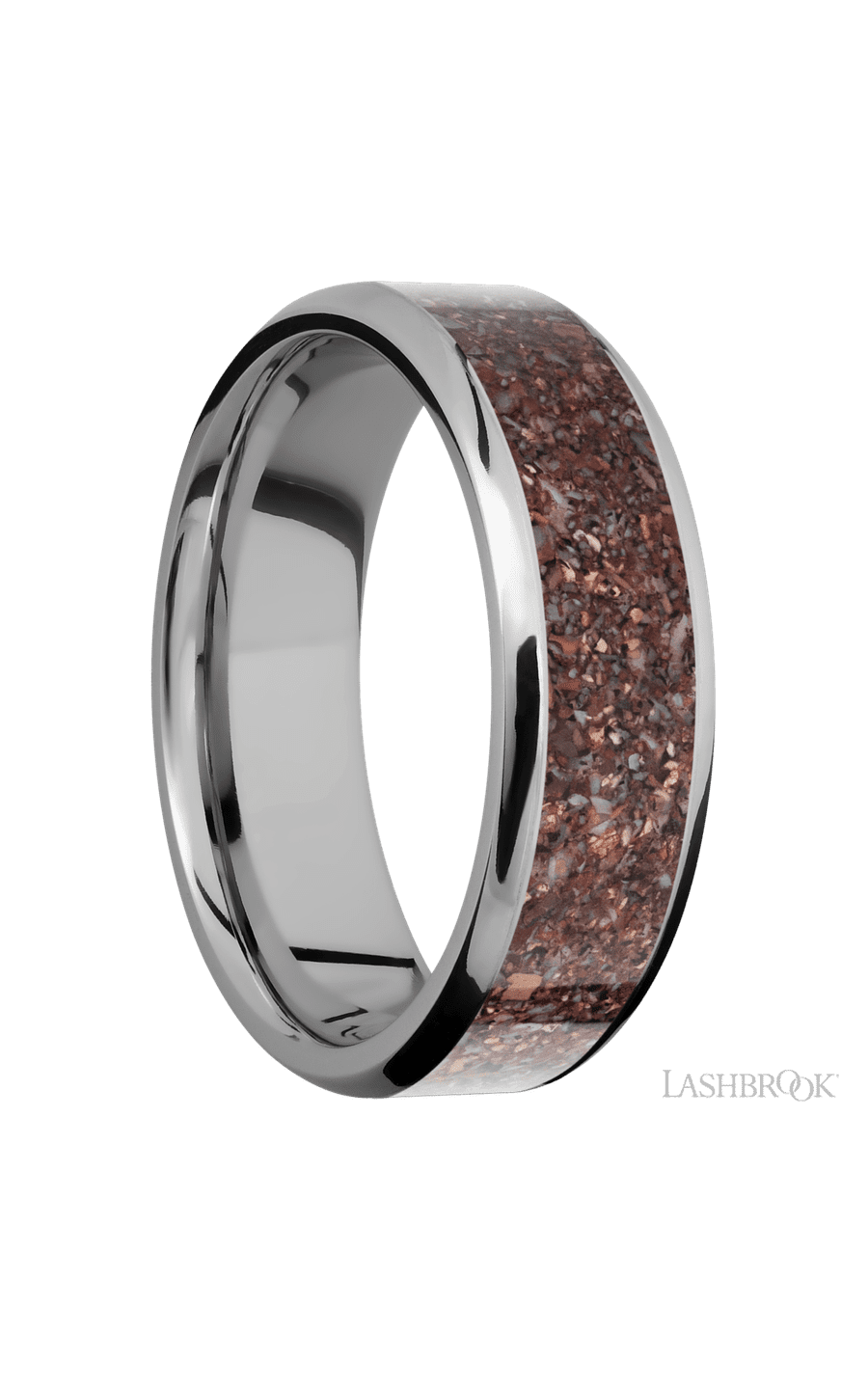7 mm wide/Beveled/Titanium band with one 5 mm Centered inlay of Dinosaur Bone Mixed.