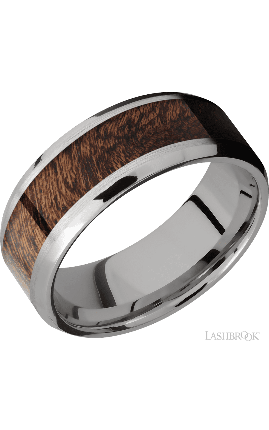8 mm wide/Beveled/Titanium band with one 5 mm Centered inlay of Sapele.