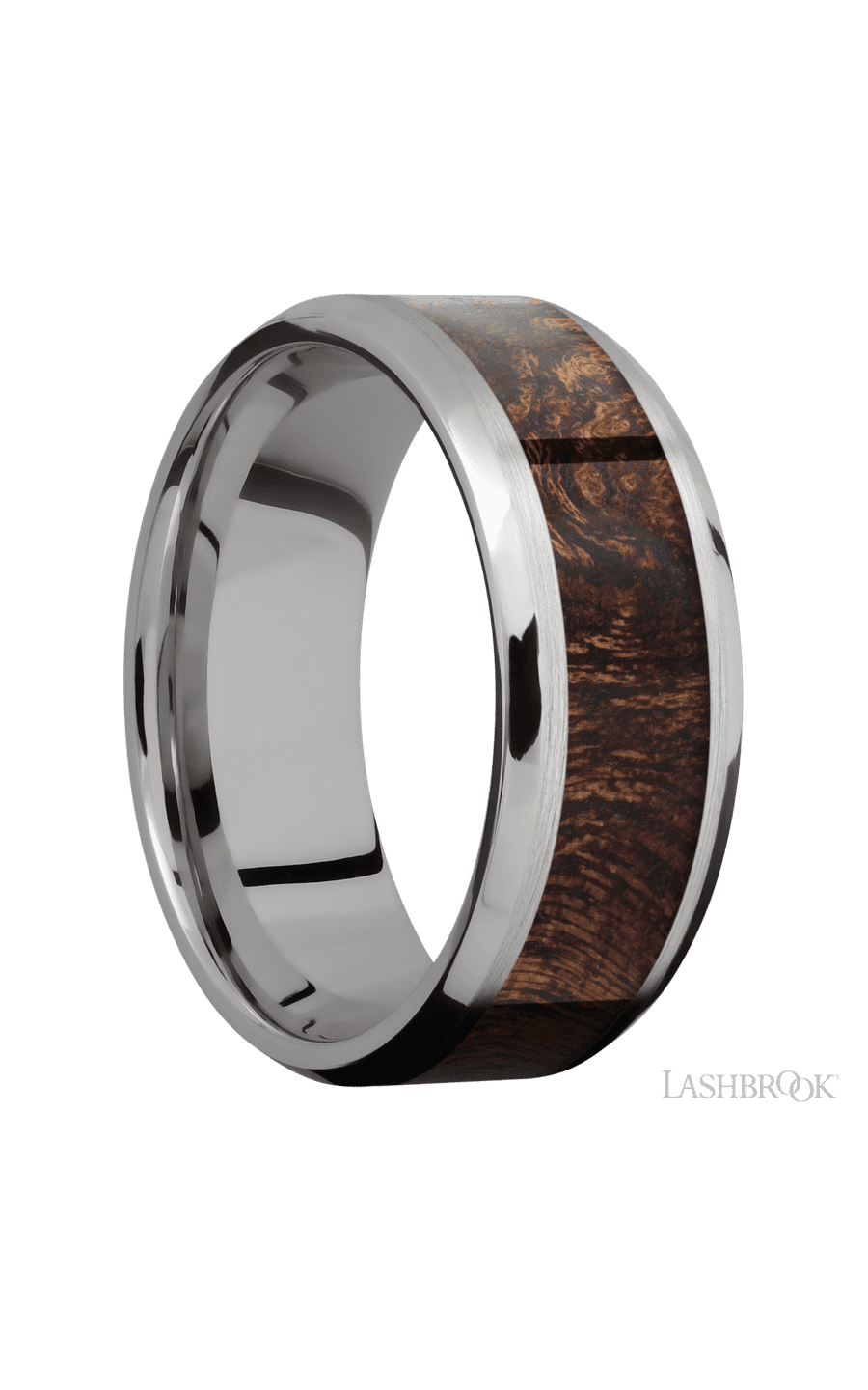 8 mm wide/Beveled/Titanium band with one 5 mm Centered inlay of Sapele.