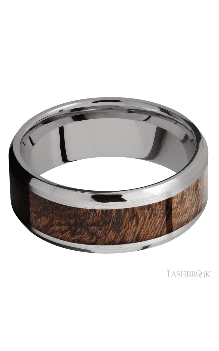 8 mm wide/Beveled/Titanium band with one 5 mm Centered inlay of Sapele.