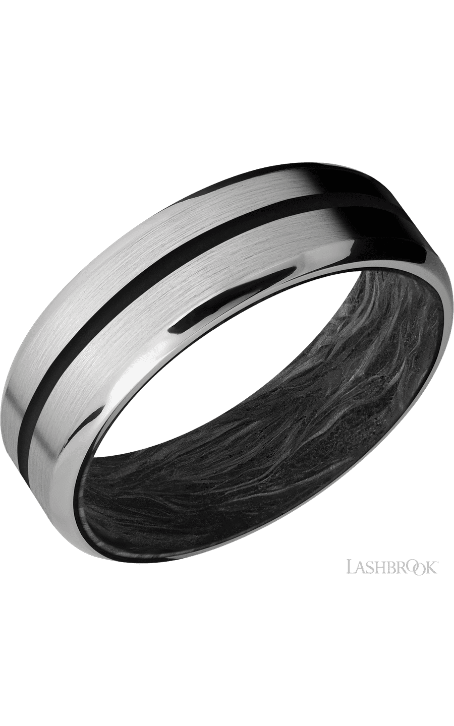 7 mm wide/Beveled/Titanium band with one 1 mm Centered inlay of Black also featuring a Forged Carbon Fiber sleeve.