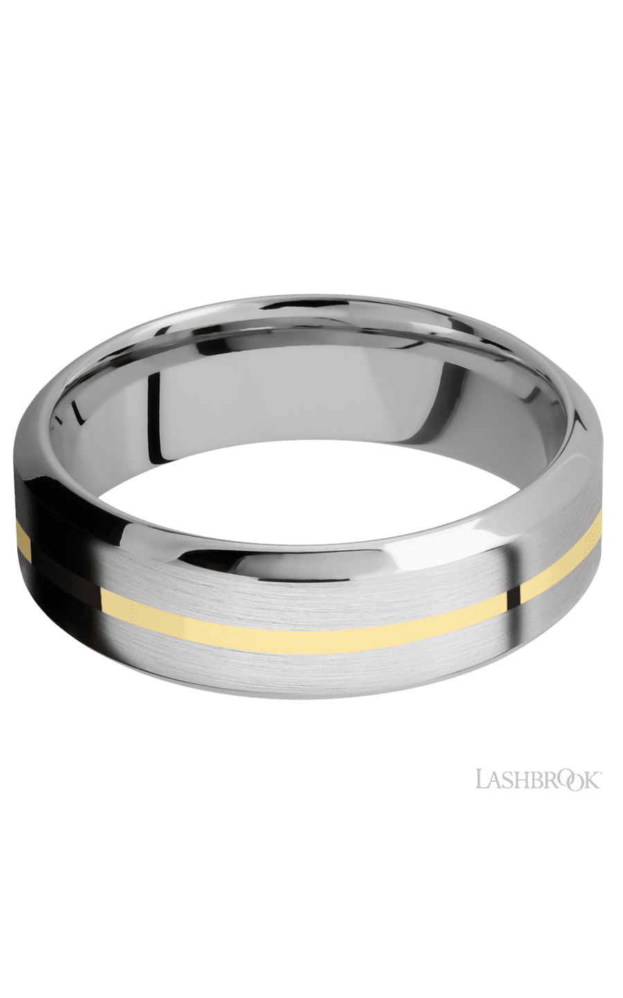 7 mm wide/High Bevel/14K White Gold band with one 1 mm Centered inlay of 14K Yellow Gold.