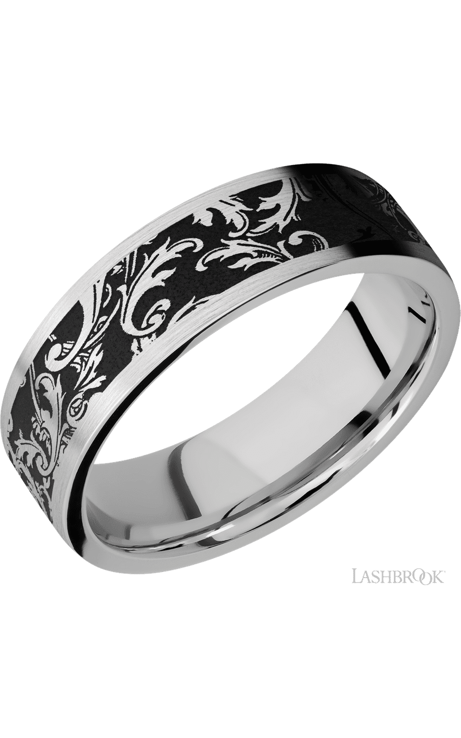 7 mm wide/Flat/Cobalt Chrome band with a laser carved Black Leaf pattern.