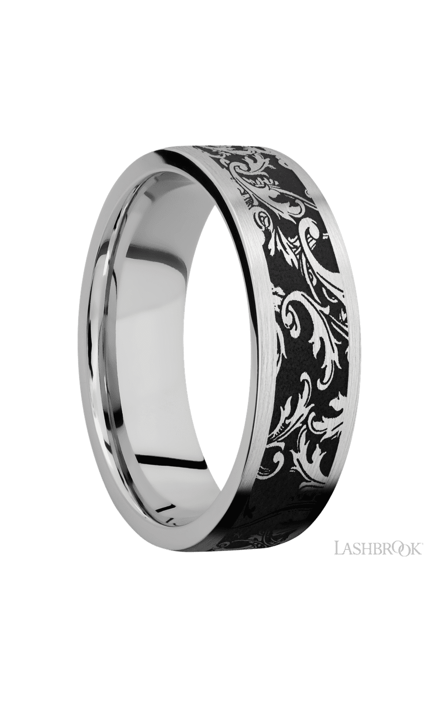 7 mm wide/Flat/Cobalt Chrome band with a laser carved Black Leaf pattern.