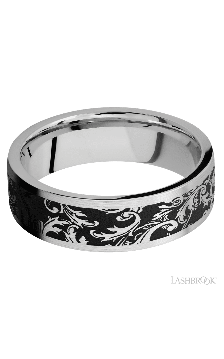 7 mm wide/Flat/Cobalt Chrome band with a laser carved Black Leaf pattern.