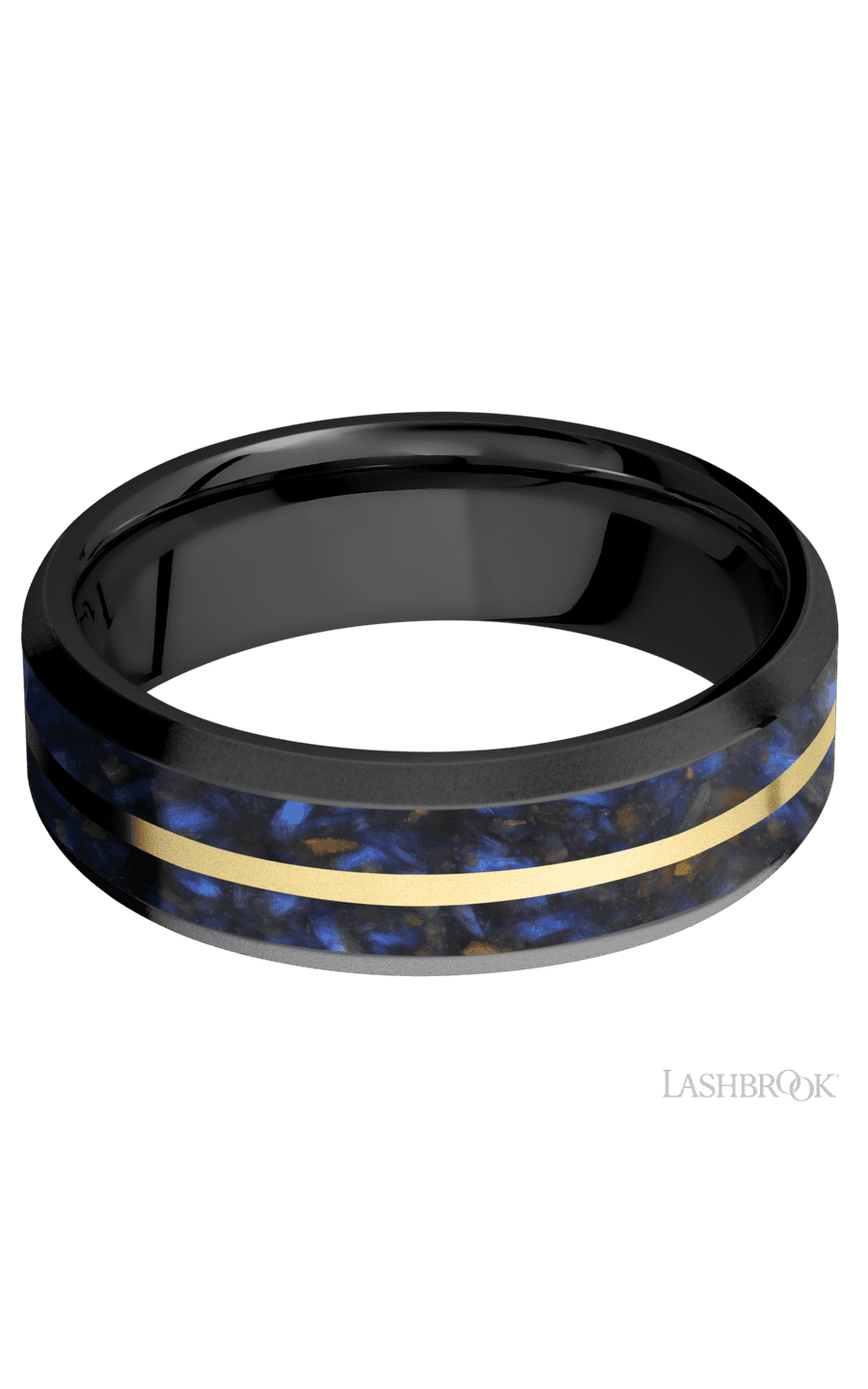 7 mm wide/Beveled/Zirconium band featuring inlays of Blue Tiger Eye and 14K Yellow Gold.