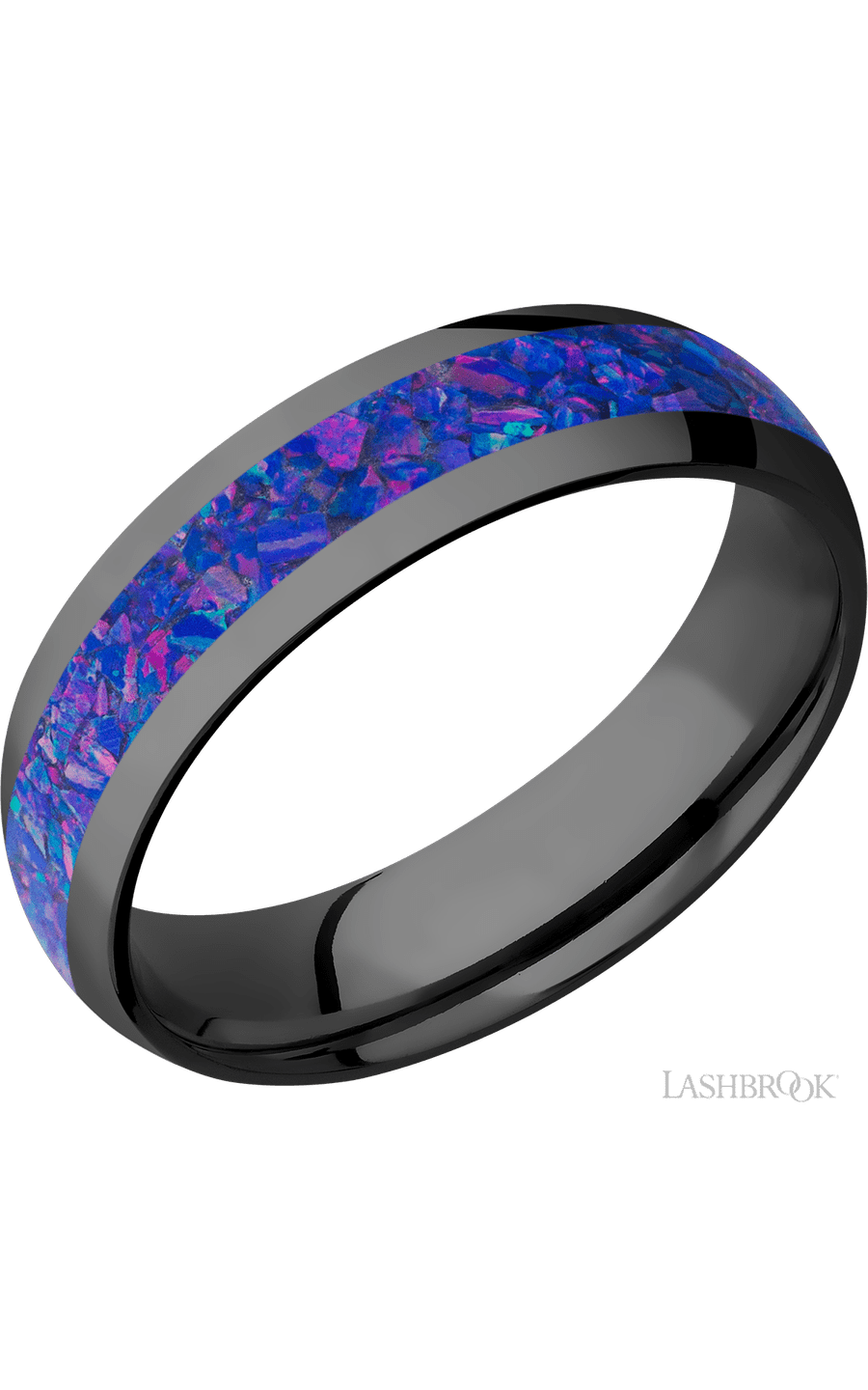 6 mm wide/Domed/Zirconium band with one 3 mm Centered inlay of Purple Opal.