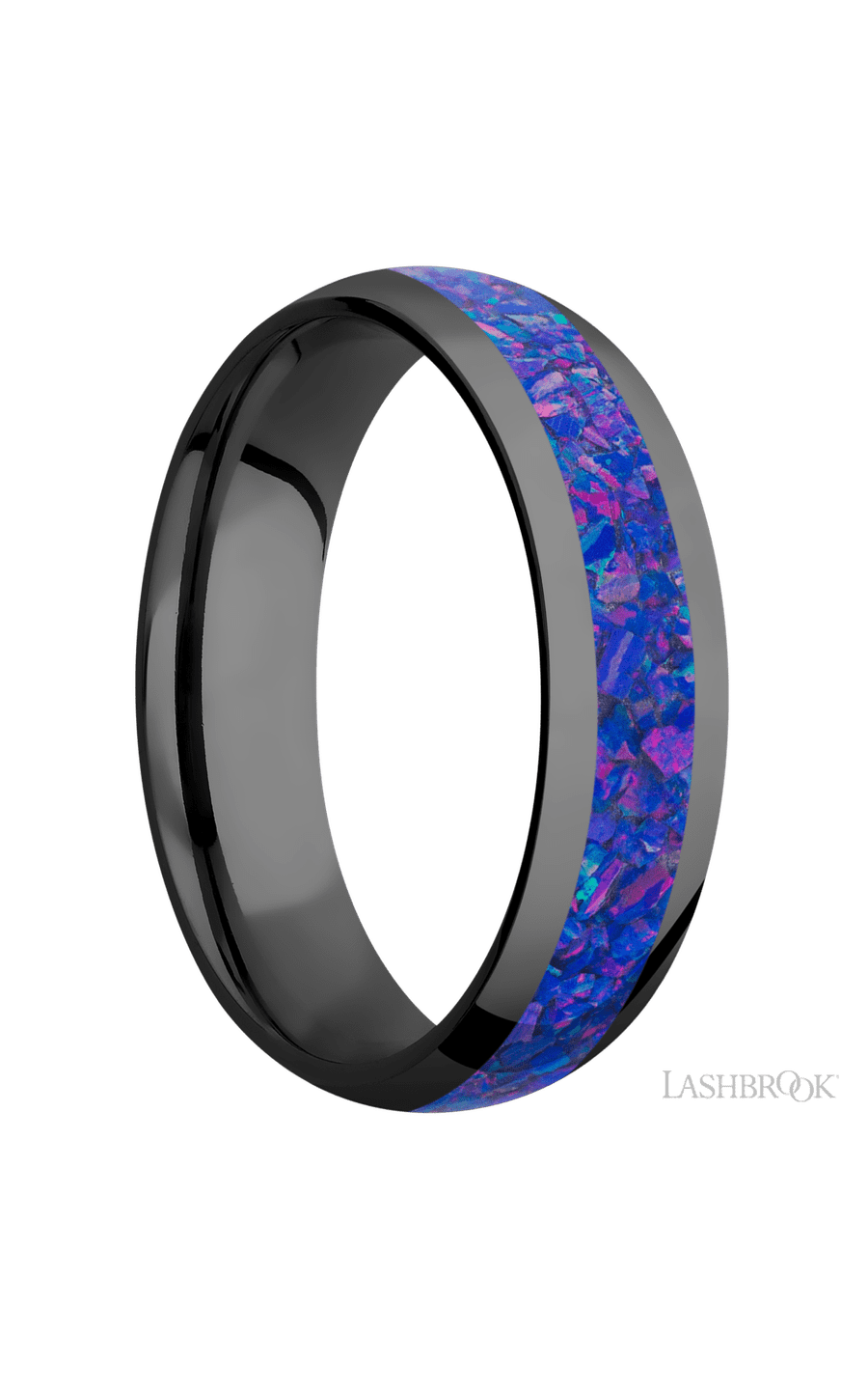 6 mm wide/Domed/Zirconium band with one 3 mm Centered inlay of Purple Opal.