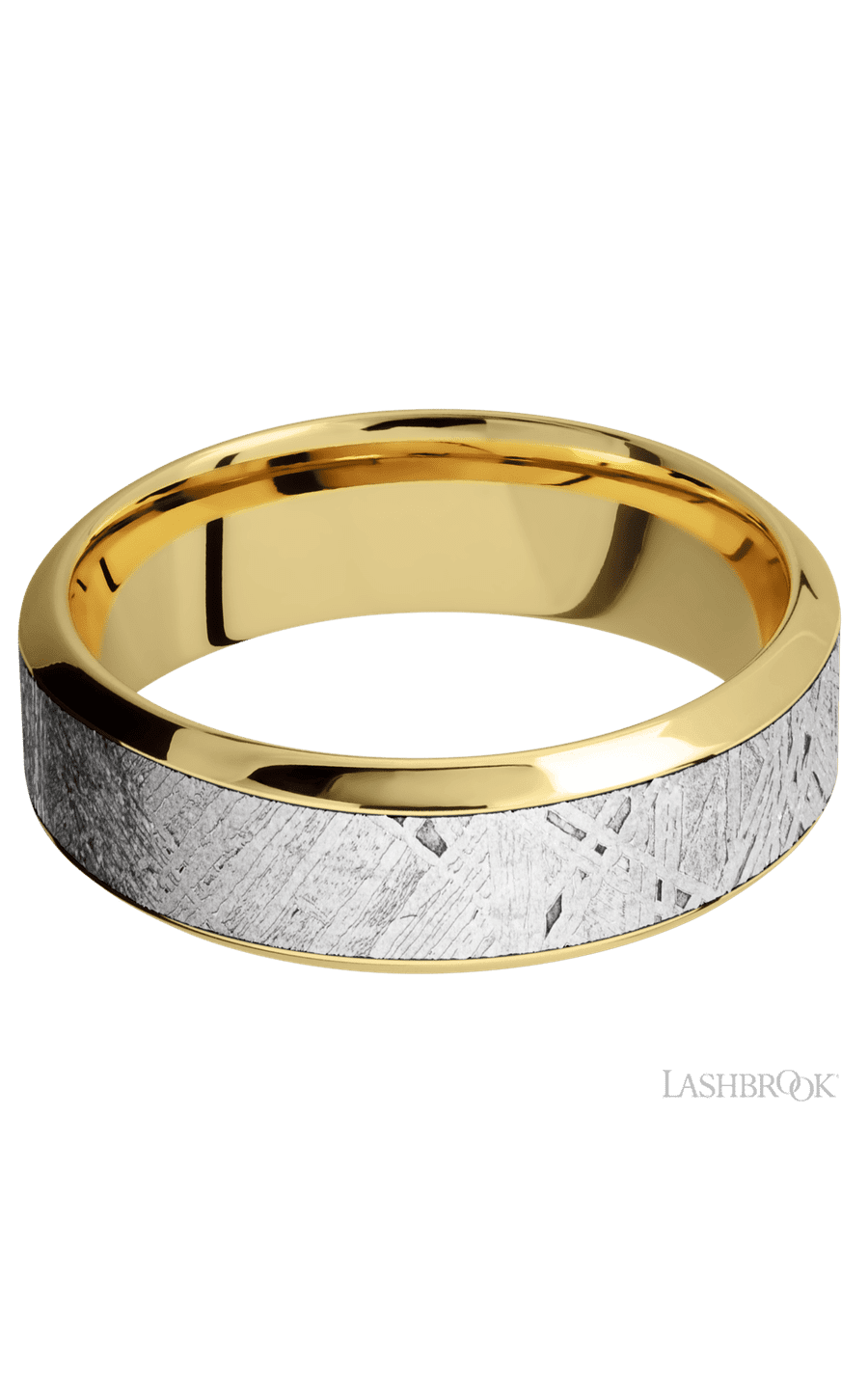 7 mm wide/High Bevel/18K Yellow Gold band with one 4 mm Centered inlay of Meteorite.