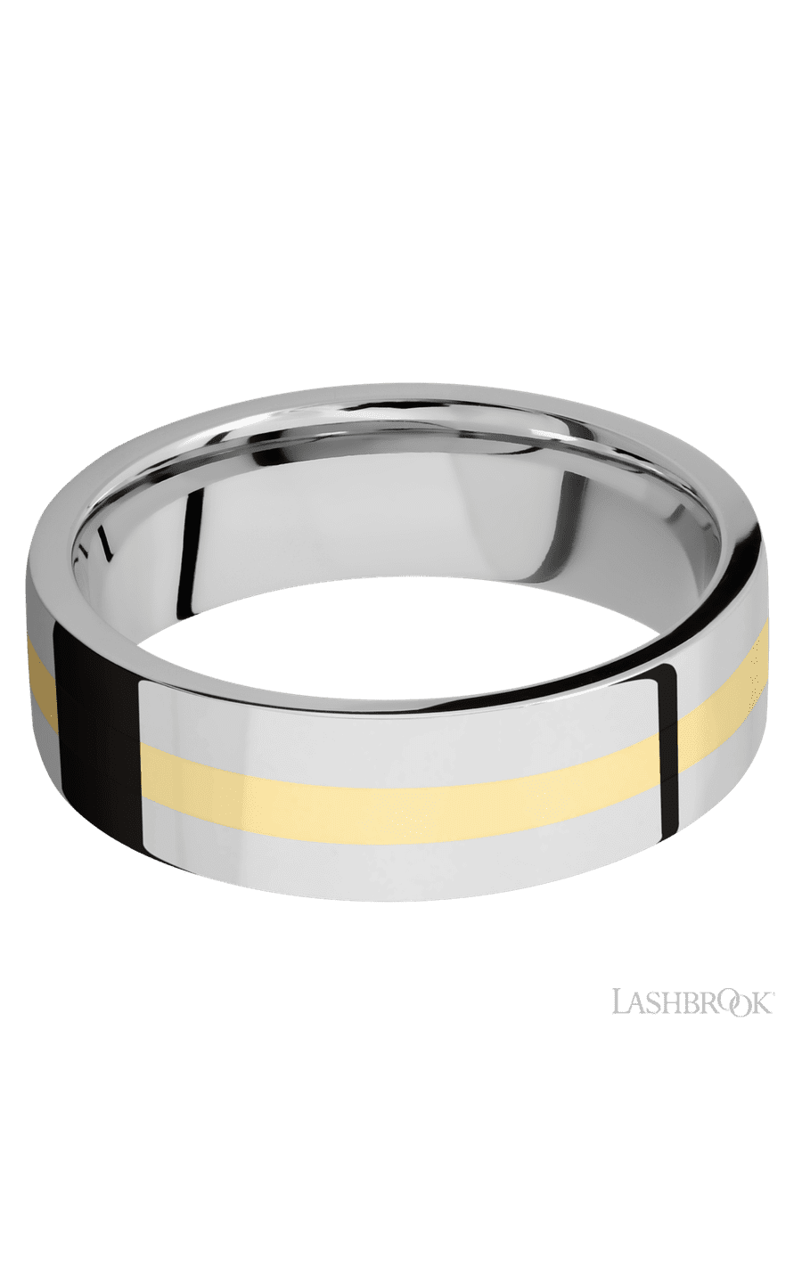 7 mm wide/Flat/14K White Gold band with one 2 mm Centered inlay of 14K Yellow Gold.