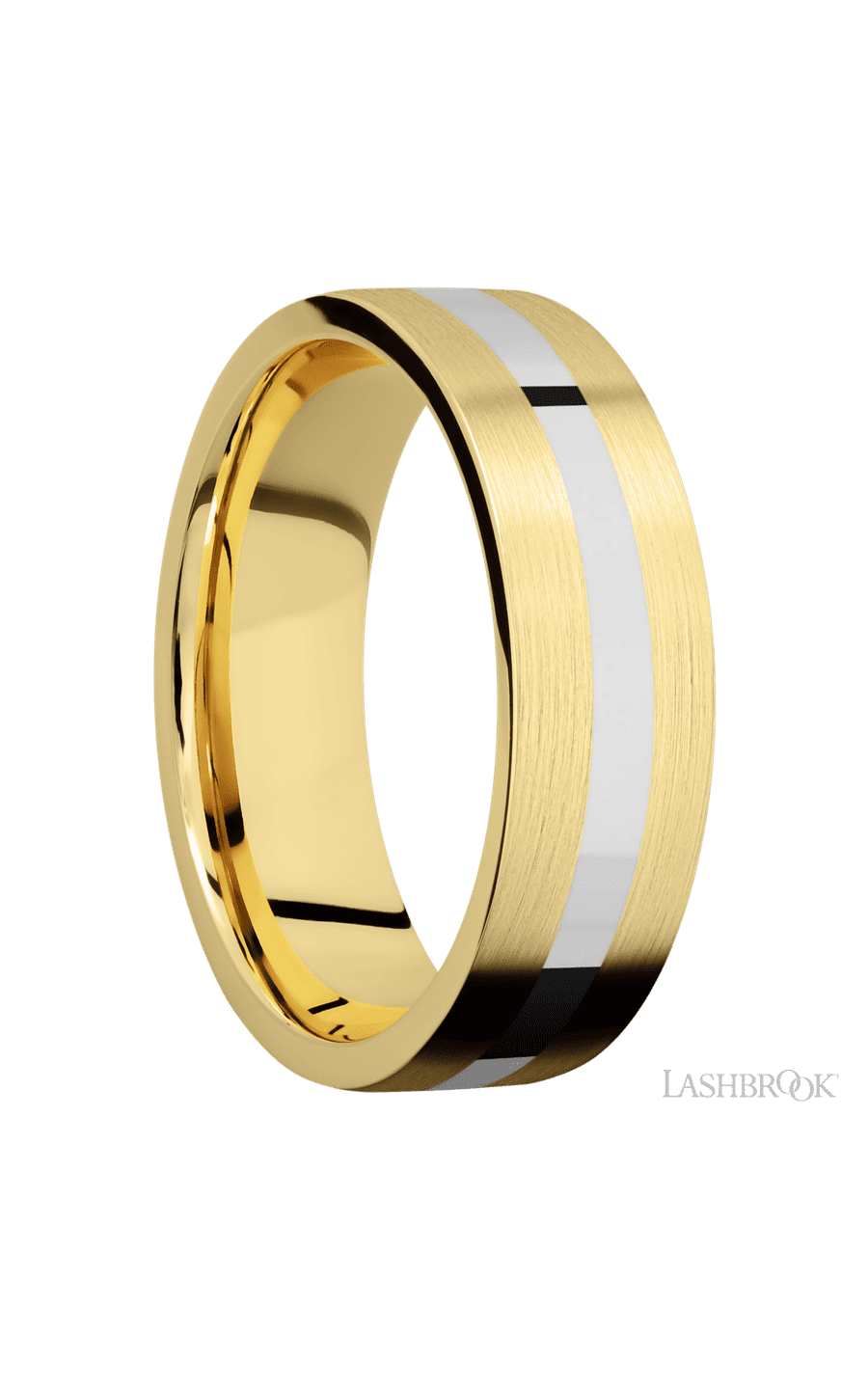 7 mm wide/Flat/14K Yellow Gold band with one 2 mm Centered inlay of 14K White Gold.