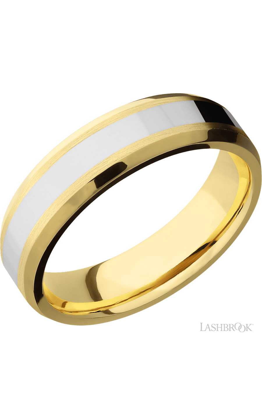 6 mm wide/Beveled/14K Yellow Gold band with one 3 mm Centered inlay of 14K White Gold.
