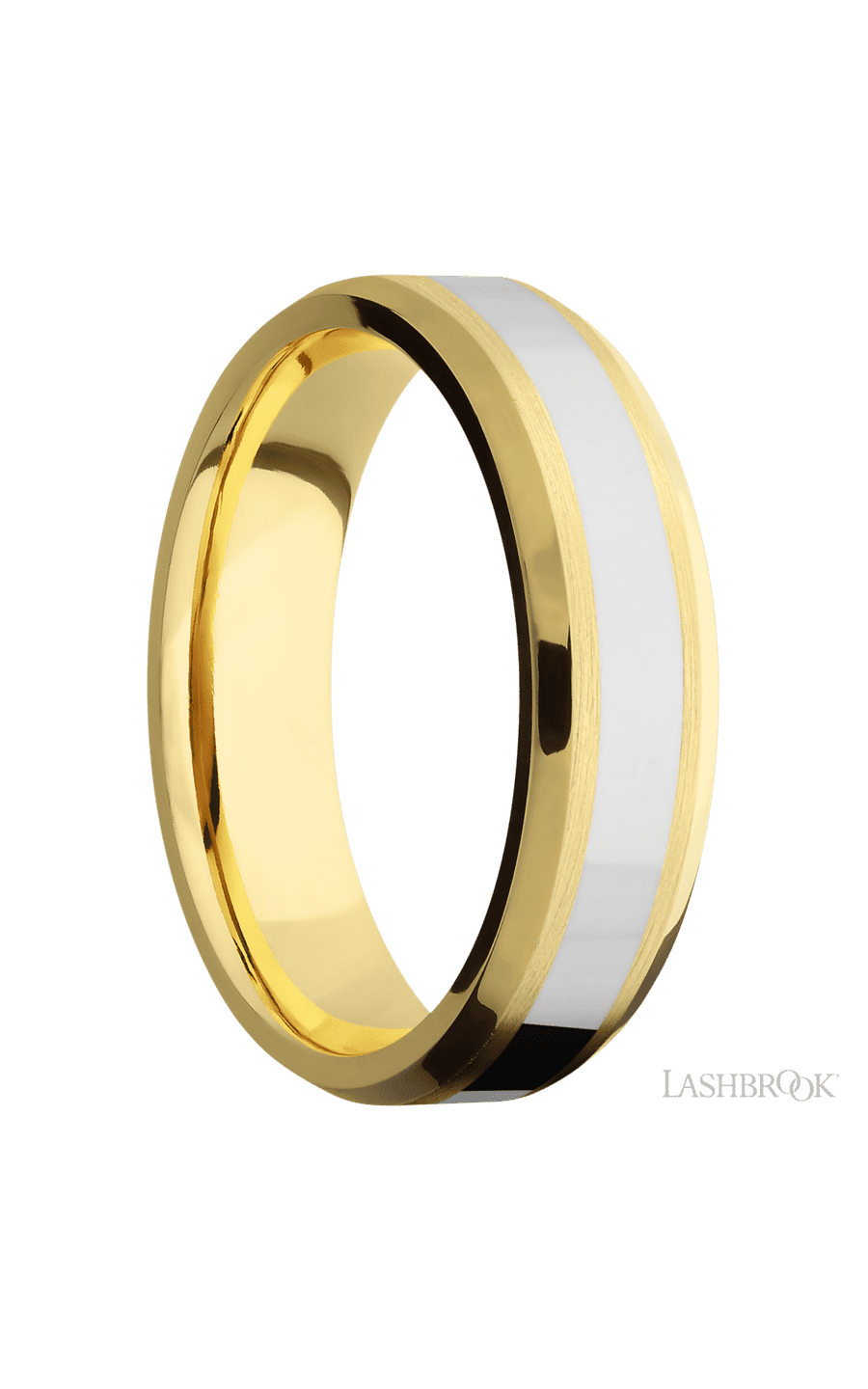 6 mm wide/Beveled/14K Yellow Gold band with one 3 mm Centered inlay of 14K White Gold.