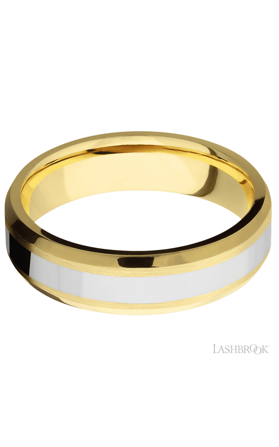 6 mm wide/Beveled/14K Yellow Gold band with one 3 mm Centered inlay of 14K White Gold.