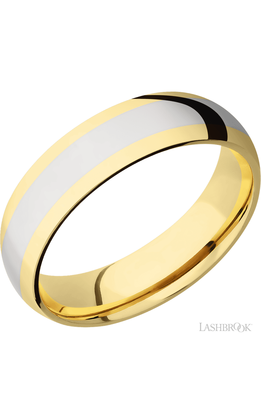 6 mm wide/Domed/14K Yellow Gold band with one 3 mm Centered inlay of 14K White Gold.