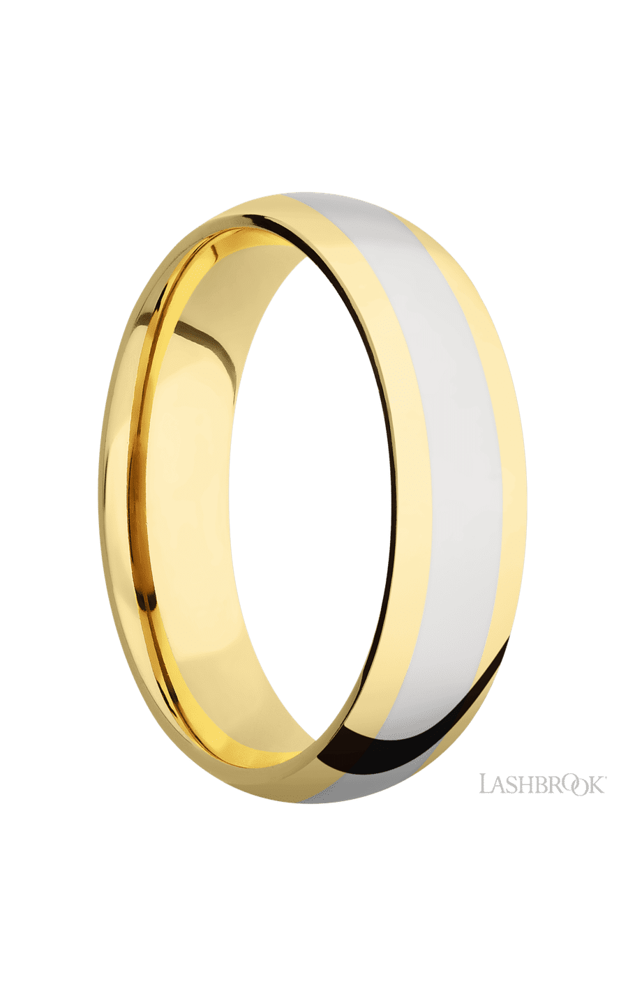 6 mm wide/Domed/14K Yellow Gold band with one 3 mm Centered inlay of 14K White Gold.