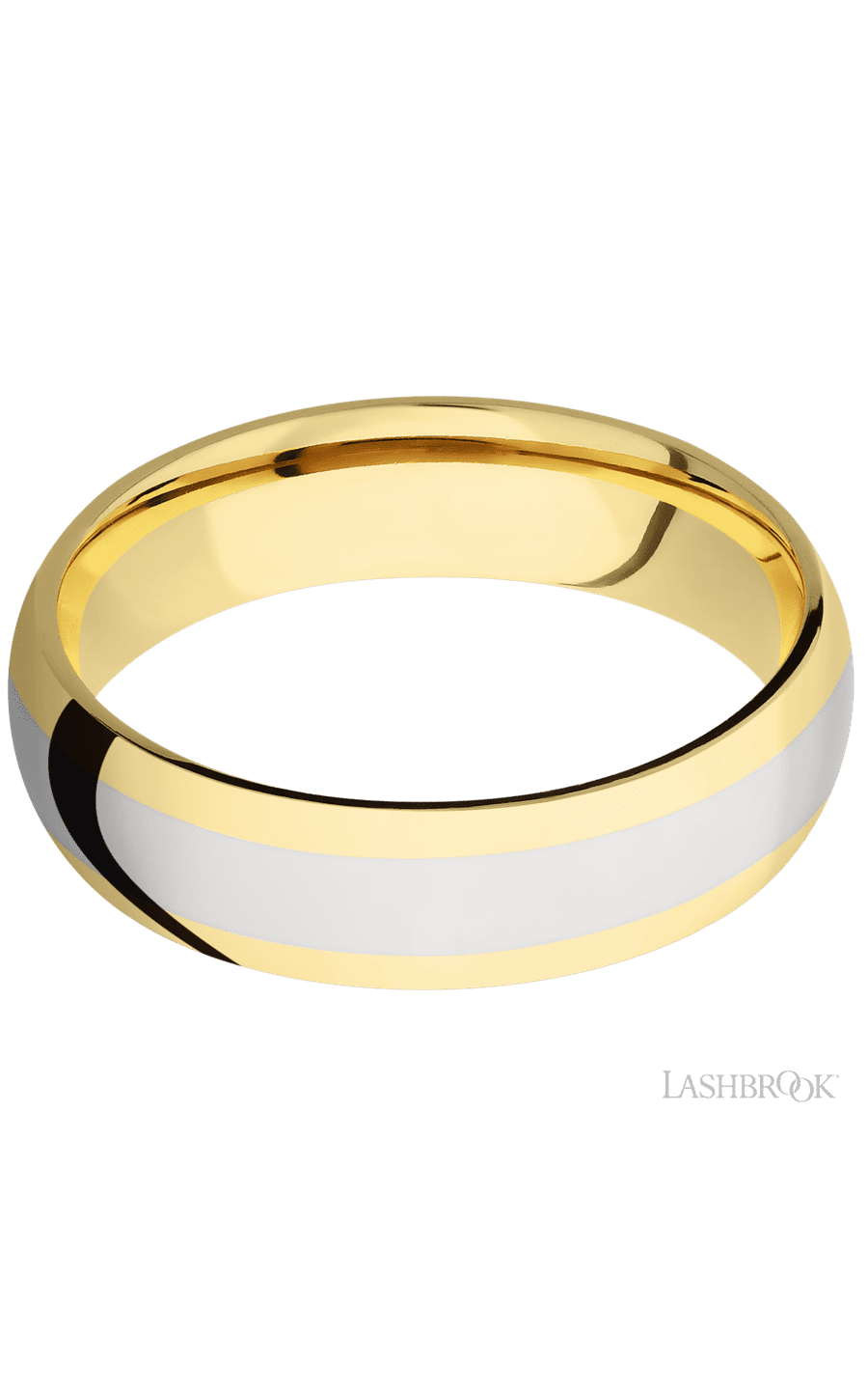 6 mm wide/Domed/14K Yellow Gold band with one 3 mm Centered inlay of 14K White Gold.
