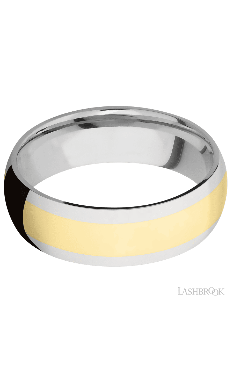 7 mm wide/Domed/14K White Gold band with one 4 mm Centered inlay of 14K Yellow Gold.